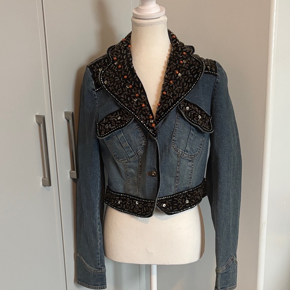 Vintage Stunning Simon Chang Medium Blue Denim Jacket with Beaded Embellishment